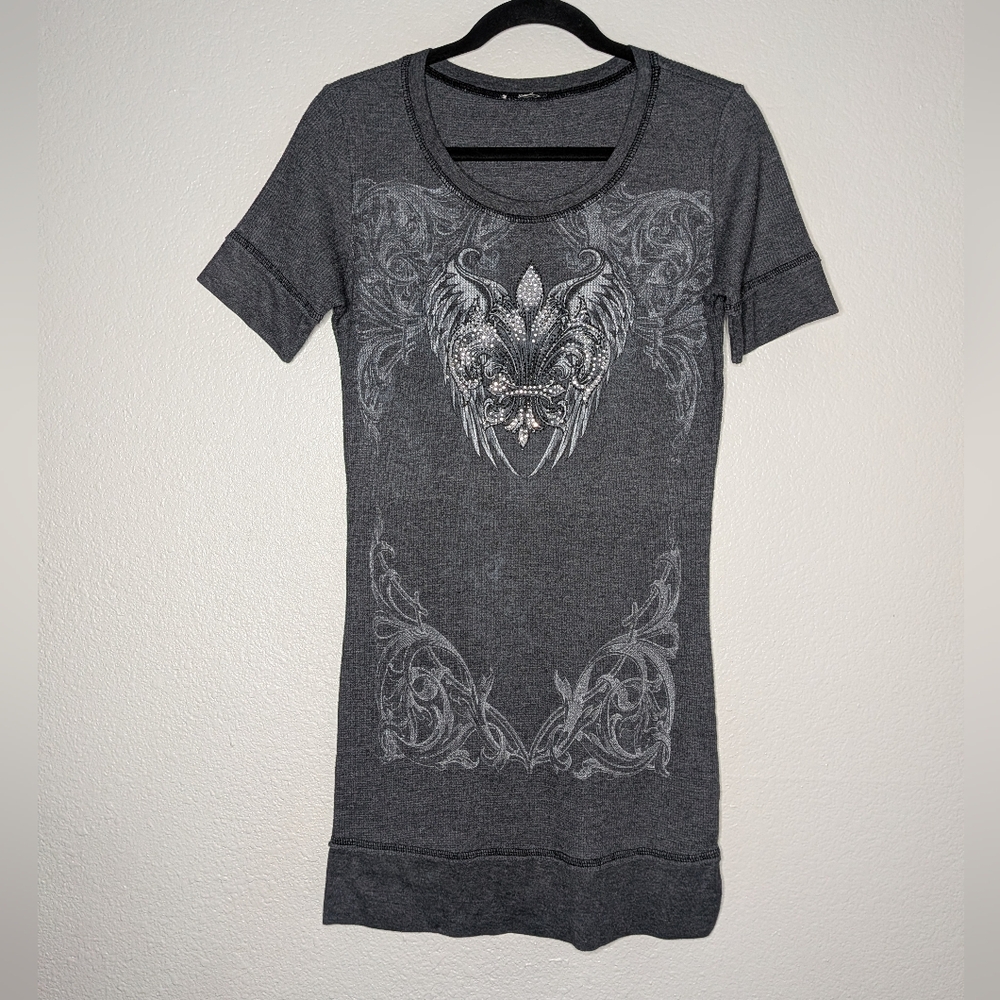 Womens Gray Y2K Vintage Fleur De Lis Wings Rhinestone Graphic Thermal Top XL - Picture 9 of 9